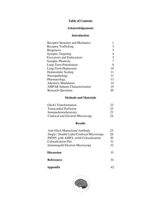 Table of Contents
Acknowledgements
Introduction
Receptor Structure and Mechanics 1
Receptor Trafficking 3
Biogenesis 3
Synaptic Targeting 4
Exocytosis and Endocytosis 5
Synaptic Plasticity 7
Long-Term Potentiation 8
Long-Term Depression 10
Homeostatic Scaling 11
Neuropathology 11
Pharmacology 13
Allosteric Modulators 14
AMPAR Subunit Characterization 19
Research Questions 20
Methods and Materials
GluA1 Transformation 22
Transcardial Perfusion 23
Immunohistochemistry 23
Confocal and Electron Microscopy 24
Results
Anti-GluA Monoclonal Antibody 25
Single / Double Label Confocal Microscopy 28
PSD95, pAb AMPA, mAb Colocalization 30
Colocalization Plot 31
Immunogold Electron Microscopy 32
Discussion 33
References 34
Appendix 42
 
