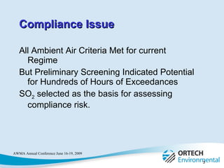 All Ambient Air Criteria Met for current Regime But Preliminary Screening Indicated Potential for Hundreds of Hours of Exceedances  SO 2  selected as the basis for assessing compliance risk.  Compliance Issue 