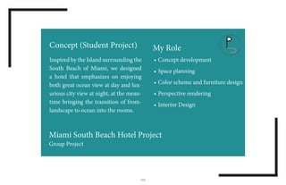 [12]
Concept (Student Project)
Inspired by the Island surrounding the
South Beach of Miami, we designed
a hotel that emphasizes on enjoying
both great ocean view at day and lux-
urious city view at night, at the mean-
time bringing the transition of from-
landscape to ocean into the rooms.
My Role
•	Concept development
•	Space planning
•	Color scheme and furniture design
•	Perspective rendering
•	Interior Design
Miami South Beach Hotel Project
Group Project
 