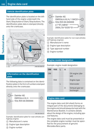 Vehicle identification plate
The identification plate is located on the left-
hand side of the engine underneath the
Start/Stop button or Start/Stop buttons. The
identification plate data is stamped directly
onto the crankcase.
Information on the identification
plate
The following data is contained on the identi-
fication plate in the form of numbers stamped
directly onto the crankcase:
Example: identification plate for road vehicles (on-
highway engine)
: Manufacturer's name
; Engine type description
= Engine number
Example: identification plate for non-road vehicles
(off-highway engines)
: Manufacturer's name
; Engine type description
= Type approval number
? Engine number
Engine model designation
Example: engine model designation
OM 9XX L A
OM Oil engine (die-
sel)
9XX Engine type
L Intercooler
A Exhaust gas tur-
bocharger
Engine data card
The engine data card (A4 sheet) forms an
integral part of the documents belonging to
the engine and should always be kept with the
Maintenance Booklet. It contains details
about the design of the engine, including spe-
cial features.
The engine data card must be presented or
the complete engine number must be speci-
fied for the procurement of genuine
Mercedes-Benz parts.
100 Engine data cardTechnicaldata
 