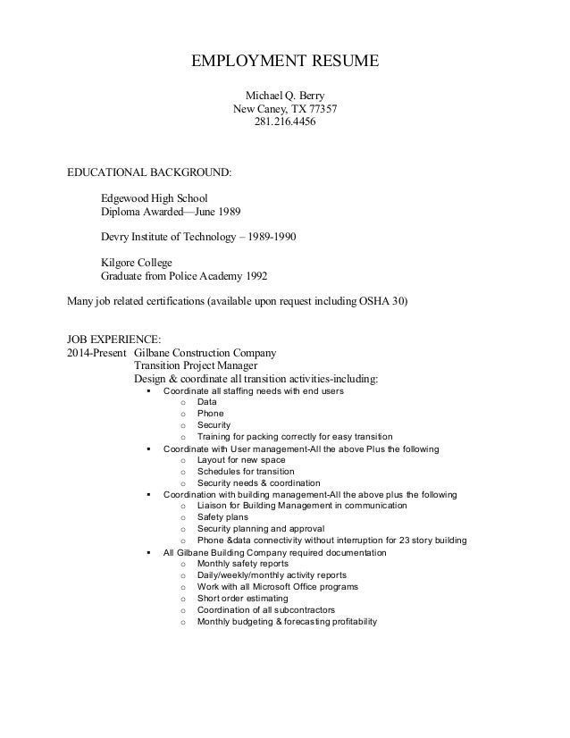 mike resume january 2015 high school diploma resumes