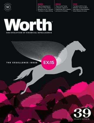 EX:15T H E E X C E L L E N C E I S S U E
W
MAKE
Eight Entrepreneurs at
the Top of Their Game;
Marijuana for the 1 Percent;
The Boom in Space Mining
GROW
Three Crucial Trends
in Finance; Lessons in
Philanthropy 2015; Upstarts
and Icons in Investing
LIVE
The Best of 2015 in Cars,
Watches, Travel and More;
New Hope for Rare Diseases;
Seven Masters of Luxury
T H E E V O L U T I O N O F F I N A N C I A L I N T E L L I G E N C E
®
V O L U M E 2 4 | E D I T I O N 0 6
39
W O R T H . C O M
 