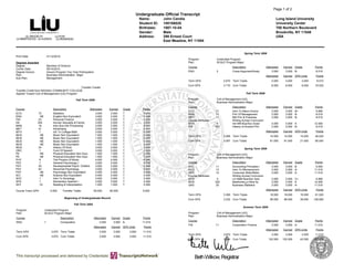 Page 1 of 2
Undergraduate Official Transcript
Name: John Candia Long Island University
Student ID: 100186028 University Center
Birthdate: 1987-10-04 700 Northern Boulevard
Gender: Male Brookville, NY 11548
Address: 298 Ernest Court
East Meadow, NY 11554
USA
Print Date: 01/12/2016
Degrees Awarded
Degree: Bachelor of Science
Confer Date: 05/14/2010
Degree Honors: Honors Program Two Year Participation
Plan: Business Administration Major
Sub-Plan: Management
Transfer Credits
Transfer Credit from NASSAU COMMUNITY COLLEGE
Applied Toward Coll of Management (UG) Program
Fall Term 2008
Course Description Attempted Earned Grade Points
ECO 72 Statistics 3.000 3.000 T 0.000
ENG NE English Non Equivalent 3.000 3.000 T 0.000
FIN 23 Personal Finance 3.000 3.000 T 0.000
HE 204 Human Sexuality & Family 3.000 3.000 T 0.000
MAN 18 Intro Bus Info Processing 3.000 3.000 T 0.000
MKT 41 Advertising 3.000 3.000 T 0.000
MTH 1 Intr To College Math 3.000 3.000 T 0.000
MUS NE Music Non Equivalent 1.000 1.000 T 0.000
MUS NE Music Non Equivalent 1.000 1.000 T 0.000
MUS NE Music Non Equivalent 1.000 1.000 T 0.000
MUS NE Music Non Equivalent 1.000 1.000 T 0.000
MUS 24 History Of Rock 3.000 3.000 T 0.000
ORC 1 Fund Of Speech 3.000 3.000 T 0.000
PE NE Physical Education Non Equi 1.000 1.000 T 0.000
PE NE Physical Education Non Equi 1.000 1.000 T 0.000
PHY 6 The Physics Of Music 4.000 4.000 T 0.000
PSY 1 General Psychology I 3.000 3.000 T 0.000
PSY 25 Developmental Psych: Childhd 3.000 3.000 T 0.000
PSY 63 Abnormal Psychology 3.000 3.000 T 0.000
PSY NE Psychology Non Equivalent 3.000 3.000 T 0.000
SCI NE Science Non Equivalent 4.000 4.000 T 0.000
SOC 1 Intro To Sociology 3.000 3.000 T 0.000
SPA 1 Elementary Spanish I 3.000 3.000 T 0.000
SST 1S Reading & Interpretation 1.000 1.000 T 0.000
Course Trans GPA: 0.000 Transfer Totals: 60.000 60.000 0.000
Beginning of Undergraduate Record
Fall Term 2005
Program: Undecided Program
Plan: SCALE Program Major
Course Description Attempted Earned Grade Points
ENG 1 Composition 3.000 3.000 A- 11.010
Attempted Earned GPA Units Points
Term GPA 3.670 Term Totals 3.000 3.000 3.000 11.010
Cum GPA 3.670 Cum Totals 3.000 3.000 3.000 11.010
Spring Term 2006
Program: Undecided Program
Plan: SCALE Program Major
Course Description Attempted Earned Grade Points
ENG 2 Comp:Argument/Analy 3.000 3.000 B- 8.010
Attempted Earned GPA Units Points
Term GPA 2.670 Term Totals 3.000 3.000 3.000 8.010
Cum GPA 3.170 Cum Totals 6.000 6.000 6.000 19.020
Fall Term 2008
Program: Coll of Management (UG)
Plan: Business Administration Major
Course Description Attempted Earned Grade Points
ECO 11 Intro To Macro Econo 3.000 3.000 B+ 9.990
MAN 11 Prin Of Management 3.000 3.000 B- 8.010
MKT 11 Mkt Prin & Practices 3.000 3.000 B- 8.010
Course Attributes: Writing Across Curriculum
MTH 4 Intr Mth:Bus/Soc Scien 3.000 3.000 A 12.000
PHI 303 History of Ancient Phil 3.000 3.000 B- 8.010
Attempted Earned GPA Units Points
Term GPA 3.068 Term Totals 15.000 15.000 15.000 46.020
Cum GPA 3.097 Cum Totals 81.000 81.000 21.000 65.040
Spring Term 2009
Program: Coll of Management (UG)
Plan: Business Administration Major
Course Description Attempted Earned Grade Points
ACC 11 Accounting Principles I 3.000 3.000 B 9.000
ECO 12 Intro To Microeconomi 3.000 3.000 A- 11.010
MKT 14 Consumer Motiv/Beha 3.000 3.000 A- 11.010
Course Attributes: Writing Across Curriculum
MTH 5 Lin Math:Bus/Soc Scie 3.000 3.000 C+ 6.990
MUS 320 Beethoven¿s Nine Sy 3.000 3.000 A 12.000
QAS 20 Business Statistics 3.000 3.000 A- 11.010
Attempted Earned GPA Units Points
Term GPA 3.390 Term Totals 18.000 18.000 18.000 61.020
Cum GPA 3.232 Cum Totals 99.000 99.000 39.000 126.060
Summer Term 2009
Program: Coll of Management (UG)
Plan: Business Administration Major
Course Description Attempted Earned Grade Points
FIN 11 Corporation Finance 3.000 3.000 A- 11.010
Attempted Earned GPA Units Points
Term GPA 3.670 Term Totals 3.000 3.000 3.000 11.010
Cum GPA 3.264 Cum Totals 102.000 102.000 42.000 137.070
 