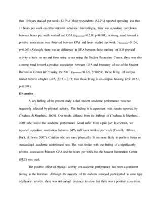 than 10 hours studied per week (42.7%). Most respondents (52.2%) reported spending less than
10 hours per week on extracurricular activities. Interestingly, there was a positive correlation
between hours per week worked and GPA (rSpearman=0.258, p<0.001). A strong trend toward a
positive association was observed between GPA and hours studied per week (rSpearman=0.136,
p=0.063) Although there was no difference in GPA between those meeting ACSM physical
activity criteria or not and those using or not using the Student Recreation Center, there was also
a strong trend toward a positive association between GPA and frequency of use of the Student
Recreation Center (n=70 using the SRC, rSpearman=0.227, p=0.059). Those living off campus
tended to have a higher GPA (3.15 ± 0.75) than those living in on-campus housing (2.91±0.51,
p=0.088).
Discussion
A key finding of the present study is that student academic performance was not
negatively affected by physical activity. This finding is in agreement with results reported by
(Trudeau & Shephard, 2008). Our results differed from the findings of (Trudeau & Shephard ,
2008) who stated that academic performance could suffer from a paid job. In contrast, we
reported a positive association between GPA and hours worked per week (Castelli, Hillman,
Buck, & Erwin 2007). Children who are more physically fit are more likely to perform better on
standardized academic achievement test. This was similar with our finding of a significantly
positive association between GPA and the hours per week that the Student Recreation Center
(SRC) was used.
The positive effect of physical activity on academic performance has been a consistent
finding in the literature. Although the majority of the students surveyed participated in some type
of physical activity, there was not enough evidence to show that there was a positive correlation.
 