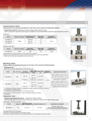 13
Compression tests
Simply attach the compression plate kit to the main unit to perform compression testing.
Compression plate kit•
Used to compress the specimen, several types are available to accommodate different specimen types and test force amounts.
Fixed type
Fixed type compression plates
Kit No.
346-53882-XX
346-53884-XX
346-53885-XX
Maximum capacity
250kN
Upper plate dimensions (mm)
diameter by thickness
ø100 x 25
ø50 x 25
ø200 x 40
Upper plate
mass (kg)
1.6
0.5
6.3
Operational
temperature (°C)
0 to 40
Bending tests
Simply attach the bending test jig kit to the main unit to perform bending testing.
Bending test kit•
Select the kit number appropriate for the load cell used.
Adhesion test
Adhesive tape peeling test device•
Specimen table slides in accordance with upper grip movement to maintain a 90 degree peeling angle.
Applications: Plastics, Rubber
Upper grip: 1 kN Flat screw type, 1 unit
346-53887-XX
346-53888-XX
10kN
100kN
R5 x 34
R2 x 34
R5 x 34 JIS K7171, ISO 178, Specimens with thickness above 3 mm
R2 x 110
R5 x 110
R1/8" x 110
R5 x 72
R1/8" x 72 R1/8" x 110
R1/8" x 72
20 to 200
JIS K6911, JIS K6902*1, JIS C6481*2, JIS K7171,
ISO 178, Specimens with thickness of 3 mm or less
50 to 500
0.8 to 8" 0 to 40
2 to 20"
Spherical seat type
Kit No.
346-53883-XX
Maximum capacity
250kN
Upper plate
dimensions (mm)
ø100
Upper plate
mass (kg)
3.8
Operational
temperature (°C)
0 to 40
* With spherical compression plates, only the upper plate is spherical.
*1 Corresponds to bending strength. Compatible with support spacing from 20 mm to 200 mm.
*2 Corresponds to bending strength.
*3 Compatible with support spacing from 2 inches to 20 inches.
When the SIE or SES extensometer is used, the following adaptor is required.
346-55658-XX
Mechanism differs from JIS example.
Select the kit number appropriate for the load cell used.
For details on test jigs not listed in this catalog, please refer to the separate Accessories catalog.
Spherical seat-type compression plates provide contact flexibility for uniform load application.
* Select the kit number that corresponds to the load cell used.
Spherical seat type
compression plates
3-point bending test of plastic
specimen
Kit No. Max. test force Punch tip
radius x width (mm)
Support tip
radius x width
(mm)
Support spacing
(mm)
Operational
temperature (°C) Applicable test standards
ASTM D790 (Test method 1)
JIS K6911, JIS K6902*1, JIS C6481*2, JIS K7171,
ISO 178, Specimens with thickness of 3 mm or less
JIS K7171, ISO 178, Specimens with thickness above 3 mm
ASTM D790 (Test method 1*3)
346-53865-XX
Kit No.
1kN
Capacity
50 x 5 to 2
Applicable specimen
(width x thickness mm)
-10 to +60
Operational temperature (°C)
JIS Z0237 Adhesive tape
Adhesive tape test method (90° peeling test)
JIS Z1528 Double-sided adhesive tape adhesion
Applicable test standards
Applications: Plastics, Metals, Rubber, Wood, Cement
 