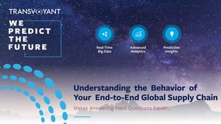 Understanding the Behavior of
Your End-to-End Global Supply Chain
Makes Answering Hard Questions Easier...
WE
PREDICT
THE
FUTURE Real-Time
Big Data
Advanced
Analytics
Predictive
Insights
®
 