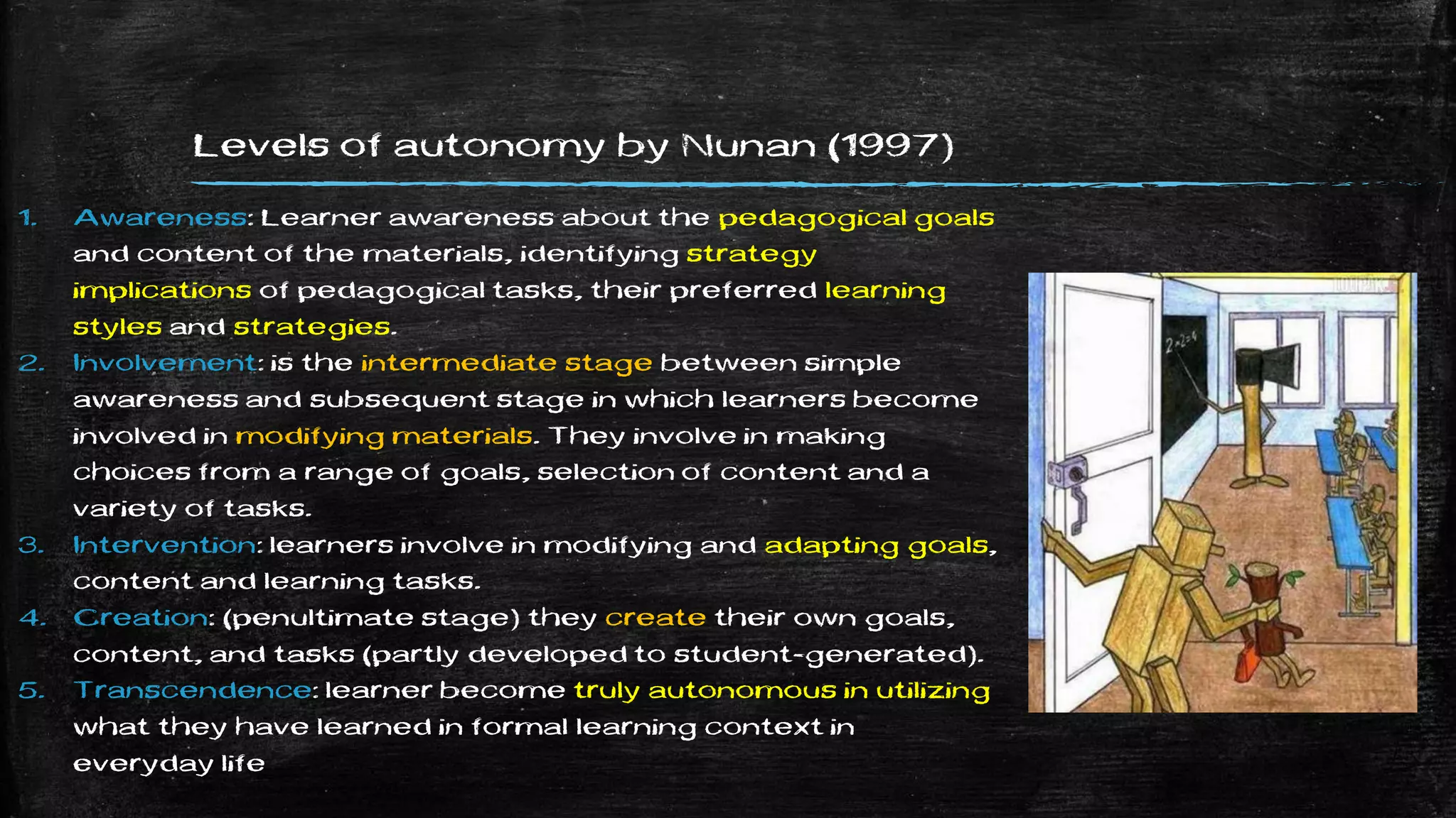 Levels of autonomy by Nunan (1997)
1. Awareness: Learner awareness about the pedagogical goals
and content of the materials, identifying strategy
implications of pedagogical tasks, their preferred learning
styles and strategies.
2. Involvement: is the intermediate stage between simple
awareness and subsequent stage in which learners become
involved in modifying materials. They involve in making
choices from a range of goals, selection of content and a
variety of tasks.
3. Intervention: learners involve in modifying and adapting goals,
content and learning tasks.
4. Creation: (penultimate stage) they create their own goals,
content, and tasks (partly developed to student-generated).
5. Transcendence: learner become truly autonomous in utilizing
what they have learned in formal learning context in
everyday life
 