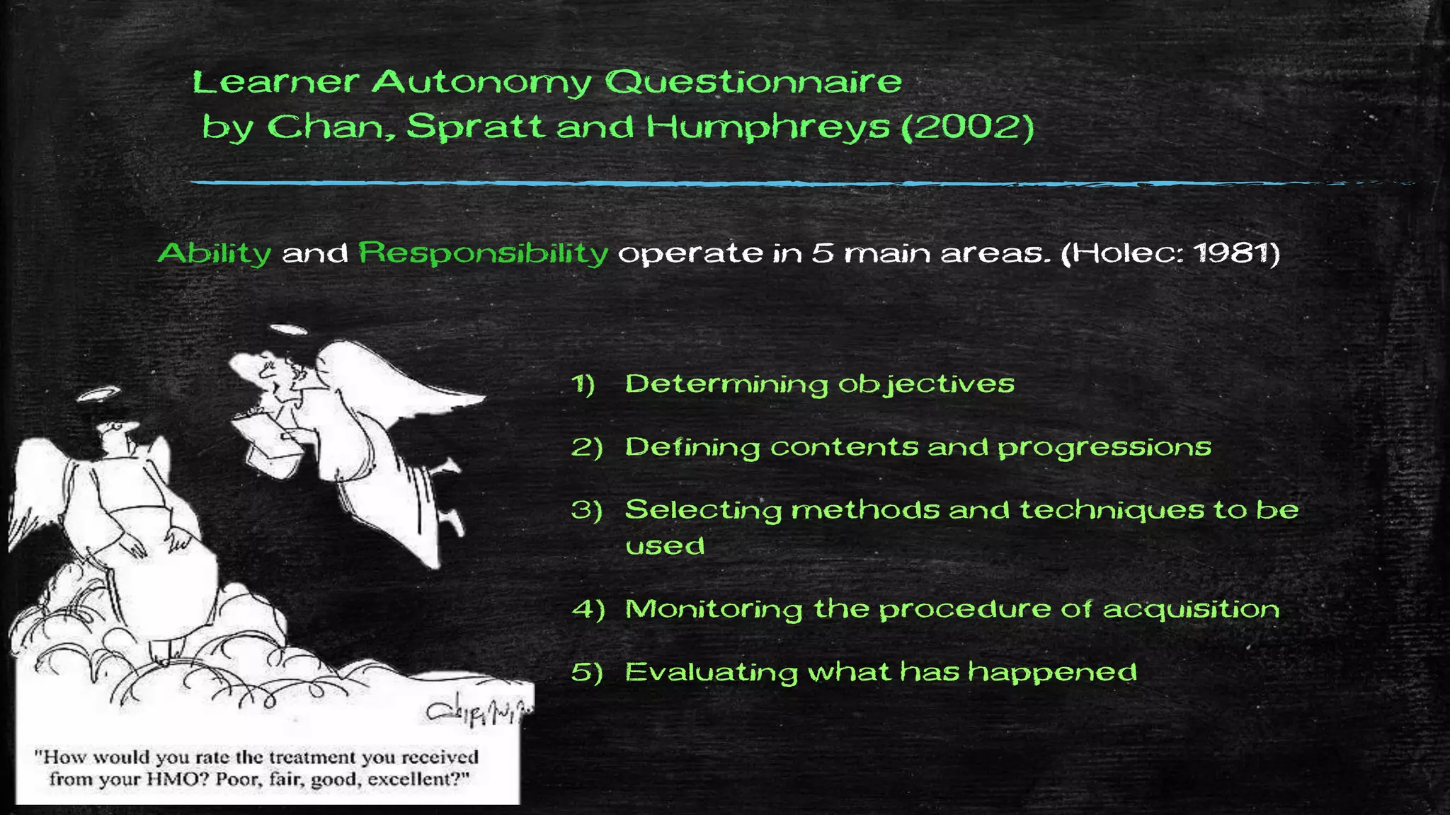 Learner Autonomy Questionnaire
by Chan, Spratt and Humphreys (2002)
Ability and Responsibility operate in 5 main areas. (Holec: 1981)
1) Determining objectives
2) Defining contents and progressions
3) Selecting methods and techniques to be
used
4) Monitoring the procedure of acquisition
5) Evaluating what has happened
 