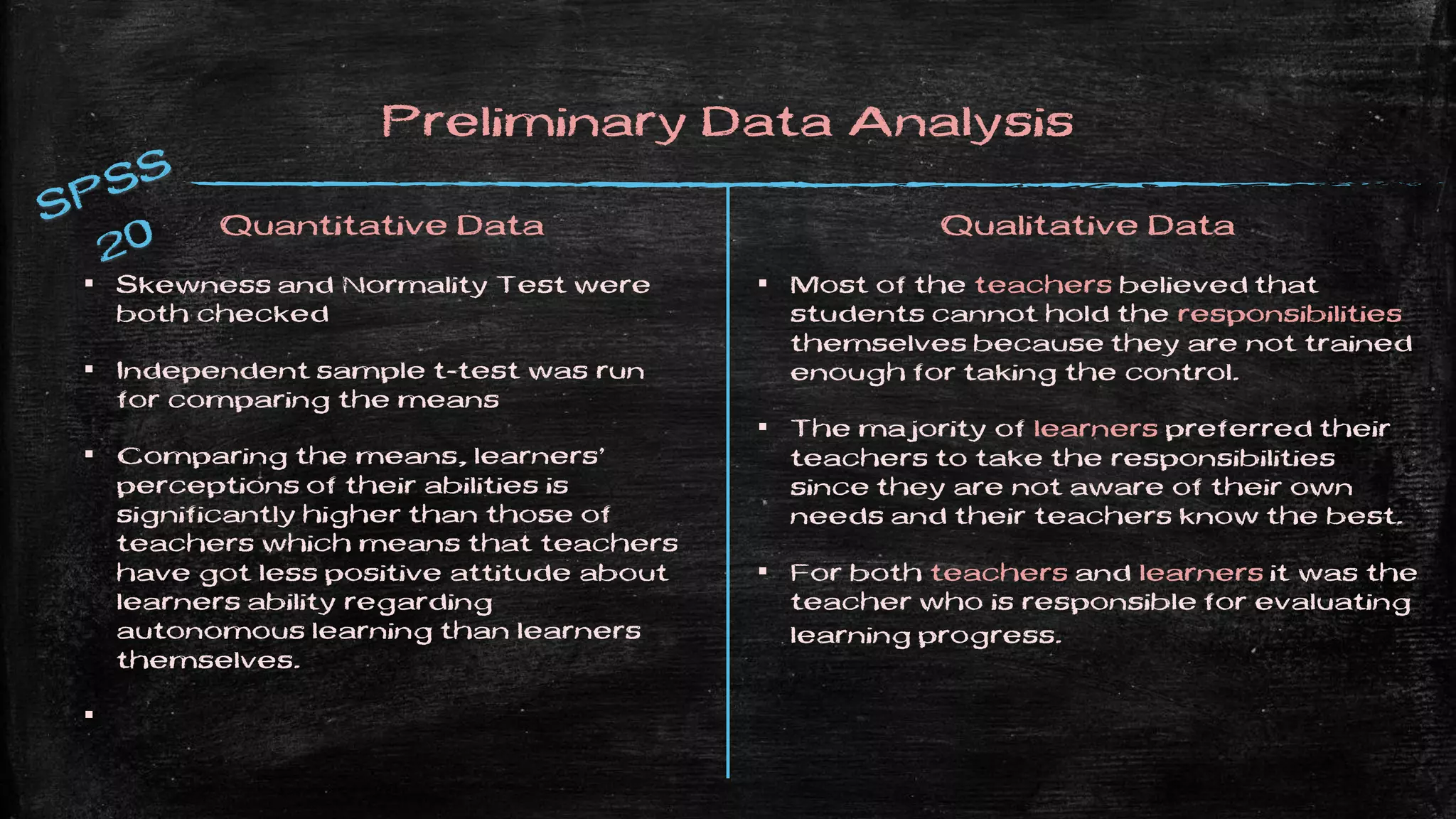 Preliminary Data Analysis
Quantitative Data
▪ Skewness and Normality Test were
both checked
▪ Independent sample t-test was run
for comparing the means
▪ Comparing the means, learners’
perceptions of their abilities is
significantly higher than those of
teachers which means that teachers
have got less positive attitude about
learners ability regarding
autonomous learning than learners
themselves.
▪
Qualitative Data
▪ Most of the teachers believed that
students cannot hold the responsibilities
themselves because they are not trained
enough for taking the control.
▪ The majority of learners preferred their
teachers to take the responsibilities
since they are not aware of their own
needs and their teachers know the best.
▪ For both teachers and learners it was the
teacher who is responsible for evaluating
learning progress.
 