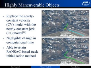 February 25, 2015 Thesis DefenseKyle Ingersoll
Highly Maneuverable Objects
 Replace the nearly-
constant velocity
(CV) model with the
nearly-constant jerk
(CJ) model[10]
 Negligible change in
computational time
 Able to retain
RANSAC-based track
initialization method
 