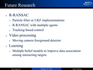 February 25, 2015 Thesis DefenseKyle Ingersoll
Future Research
 R-RANSAC
 Particle filter or UKF implementations
 R-RANSAC with multiple agents
 Tracking-based control
 Video processing
 Moving camera foreground detector
 Learning
 Multiple belief models to improve data association
among interacting targets
 