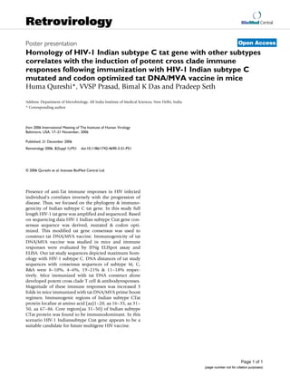 BioMed Central
Page 1 of 1
(page number not for citation purposes)
Retrovirology
Open AccessPoster presentation
Homology of HIV-1 Indian subtype C tat gene with other subtypes
correlates with the induction of potent cross clade immune
responses following immunization with HIV-1 Indian subtype C
mutated and codon optimized tat DNA/MVA vaccine in mice
Huma Qureshi*, VVSP Prasad, Bimal K Das and Pradeep Seth
Address: Department of Microbiology, All India Institute of Medical Sciences, New Delhi, India
* Corresponding author
Presence of anti-Tat immune responses in HIV infected
individual's correlates inversely with the progression of
disease. Thus, we focused on the phylogeny & immuno-
genicity of Indian subtype C tat gene. In this study full
length HIV-1 tat gene was amplified and sequenced. Based
on sequencing data HIV-1 Indian subtype Ctat gene con-
sensus sequence was derived, mutated & codon opti-
mized. This modified tat gene consensus was used to
construct tat DNA/MVA vaccine. Immunogenicity of tat
DNA/MVA vaccine was studied in mice and immune
responses were evaluated by IFNg ELISpot assay and
ELISA. Our tat study sequences depicted maximum hom-
ology with HIV-1 subtype C. DNA distances of tat study
sequences with consensus sequences of subtype M, C,
B&A were 8–10%, 4–6%, 19–21% & 11–18% respec-
tively. Mice immunized with tat DNA construct alone
developed potent cross clade T cell & antibodyresponses.
Magnitude of these immune responses was increased 3
folds in mice immunized with tat DNA/MVA prime boost
regimen. Immunogenic regions of Indian subtype CTat
protein localize at amino acid (aa)1–20, aa 16–35, aa 31–
50, aa 67–86. Core region(aa 31–50) of Indian subtype
CTat protein was found to be immunodominant. In this
scenario HIV-1 Indiansubtype Ctat gene appears to be a
suitable candidate for future multigene HIV vaccine.
from 2006 International Meeting of The Institute of Human Virology
Baltimore, USA. 17–21 November, 2006
Published: 21 December 2006
Retrovirology 2006, 3(Suppl 1):P51 doi:10.1186/1742-4690-3-S1-P51
<supplement> <title> <p>2006 International Meeting of The Institute of Human Virology</p> </title> <note>Meeting abstracts. A single PDF containing all abstracts in this Supplement is available <a href=" http://www.biomedcentral.com/content/files/pdf/1742-4690-3-S1-full.pdf ">here</a></note> <url>http://www.biomedcentral.com/content/pdf/1742-4690-3-S1-info.pdf</url></supplement>
© 2006 Qureshi et al; licensee BioMed Central Ltd.
 