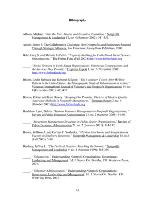 Bibliography
Allison, Michael. “Into the Fire: Boards and Executive Transition,” Nonprofit
Management & Leadership 12, no. 4 (Summer 2002): 341-351.
Austin, James E. The Collaborative Challenge: How Nonprofits and Businesses Succeed
Through Strategic Alliances. San Francisco: Jossey-Bass Publsihers, 2000.
Behr, Greg S. and Melanie DiPietro. “Capacity Building for Faith-Based Social Service
Organizations,” The Forbes Fund (Fall 2003) http://www.forbesfunds.org
_____. “Social Services in Faith-Based Organizations: Pittsburgh Congregations and
the Services They Provide,” Tropman Report 1, no. 7 (November 2002)
http://www.forbesfunds.org.
Bloom, Leslie Rebecca and Deborah Kilgore. “The Volunteer Citizen After Welfare
Reform in the United States: An Ethnographic Study of Volunteerism in Action,”
Voluntas: International Journal of Voluntary and Nonprofit Organizations 14, no.
4 (December 2003): 431-452.
Bowen, Robert and Kate Dewey. “Keeping Our Promise: The Use of Modern Quality
Assurance Methods in Nonprofit Management,” Tropman Report 2, no. 4
(October 2003) http://www.forbesfunds.org
Bradshaw Lynn, Dahlia. “Human Resource Management in Nonprofit Organizations,”
Review of Public Personnel Administration 23, no. 2 (Summer 2003): 91-96.
_____. “Succession Management Strategies in Public Sector Organizations,” Review of
Public Personnel Administration 21, no. 2 (Summer 2001): 114-132.
Brown, William A. and Carlton F. Yoshioka, “Mission Attachment and Satisfaction as
Factors in Employee Retention,” Nonprofit Management & Leadership 14, no.1
(Fall 2003): 5-18.
Brudney, Jeffrey L. “The Perils of Practice: Reaching the Summit,” Nonprofit
Management and Leadership 9, no. 4 (Summer 1999): 385-398.
_____. “Voluntarism.” Understanding Nonprofit Organizations: Governance,
Leadership, and Management. Ed. J. Steven Ott. Boulder, CO: Westview Press,
2001.
_____. “Volunteer Administration.” Understanding Nonprofit Organizations:
Governance, Leadership, and Management. Ed. J. Steven Ott. Boulder, CO:
Westview Press, 2001.
18
 