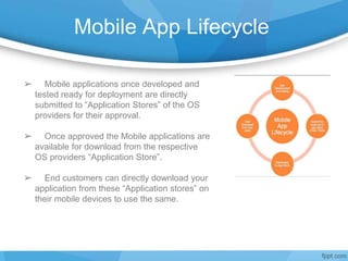 Mobile App Lifecycle
➢ Mobile applications once developed and
tested ready for deployment are directly
submitted to “Application Stores” of the OS
providers for their approval.
➢ Once approved the Mobile applications are
available for download from the respective
OS providers “Application Store”.
➢ End customers can directly download your
application from these “Application stores” on
their mobile devices to use the same.
 