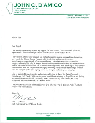 Rep. John D'Amico Endorsement Letter