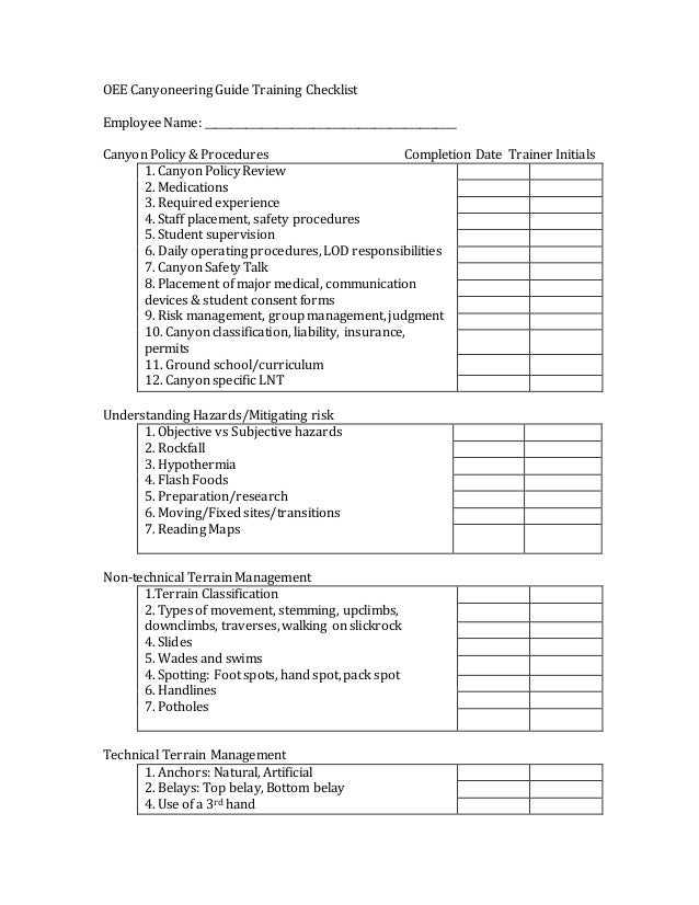oee canyon guide training checklist 1 training check list