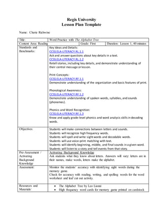 Regis University
Lesson Plan Template
Name: Cherie Richwine
Title: Word Practice with The Alphabet Tree
Content Area: Reading Grade: First Duration: Lesson 1, 40 minutes
Standards and
Benchmarks:
Key Ideas and Details:
CCSS.ELA-LITERACY.RL.1.1
Ask and answer questions about key details in a text.
CCSS.ELA-LITERACY.RL.1.2
Retell stories, including key details, and demonstrate understanding of
their central message or lesson.
Print Concepts:
CCSS.ELA-LITERACY.RF.1.1
Demonstrate understanding of the organization and basic features of print.
Phonological Awareness:
CCSS.ELA-LITERACY.RF.1.2
Demonstrate understanding of spoken words, syllables, and sounds
(phonemes).
Phonics and Word Recognition:
CCSS.ELA-LITERACY.RF.1.3
Know and apply grade-level phonics and word analysis skills in decoding
words.
Objectives: Students will make connections between letters and sounds.
Students will recognize high frequency words.
Students will spell and write sight words and decodable words.
Students will use voice-print matching with text.
Students will identify beginning, middle, and final sounds in a given word.
Students will listen to a story and tell events from that story.
Pre-Assessment /
Activating
Background
Knowledge
Activating Background Knowledge
Ask students what they know about letters. Answers will vary: letters are in
their names, make words, letters make the alphabet.
Assessment: Monitor the students’ accuracy with identifying sight words during the
memory game.
Check for accuracy with reading, writing, and spelling words for the word
worksheet and leaf cut out activity.
Resources and
Materials/
 The Alphabet Tree by Leo Lionni
 High frequency word cards for memory game printed on cardstock
 
