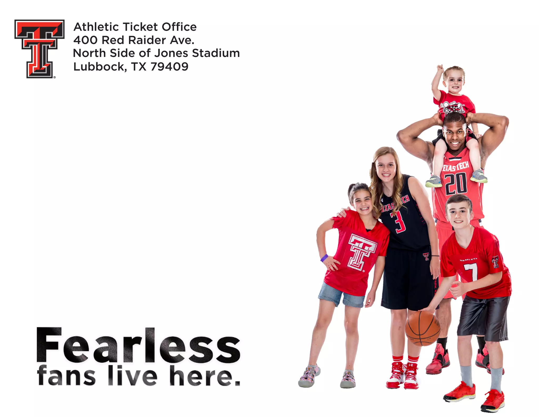 Athletic Ticket Office
400 Red Raider Ave.
North Side of Jones Stadium
Lubbock, TX 79409
 