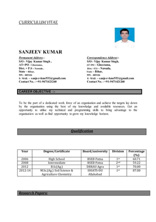 CURRICULUMVITAE
SANJEEV KUMAR
Permanent Address :- Correspondence Address:-
S/O - Vijay Kumar Singh , S/O - Vijay Kumar Singh,
AT+PO – Ghostama , AT+PO – Ghostama,
Dist. + P.S – Nawada , Dist. + P.S – Nawada,
State – Bihar, State – Bihar,
PIN - 805104 PIN - 805104
E- MAIL – sanjeevkmr553@gmail.com E- MAIL – sanjeevkmr553@gmail.com
Contact No. - +91-9471421260 Contact No. - +91-9471421260
To be the part of a dedicated work force of an organisation and achieve the targets lay down
by the organisation using the best of my knowledge and available resources. Get an
opportunity to utilise my technical and programming skills to bring advantage to the
organisation as well as find opportunity to grow my knowledge horizon.
Year Degree/Certificate Board/university Division Percentage
(%)
2006 High School BSEB Patna 1st 60.71
2008 Intermediate BSEB Patna 2nd 59.22
2012 B.Sc(Ag.) DBRAU Agra 1st 70.00
2012-14 M.Sc.(Ag.) Soil Science &
Agriculture Chemistry
SHIATS-DU
Allahabad
1st 87.00
CAREER OBJECTIVE :-
Qualification
Research Papers:
 