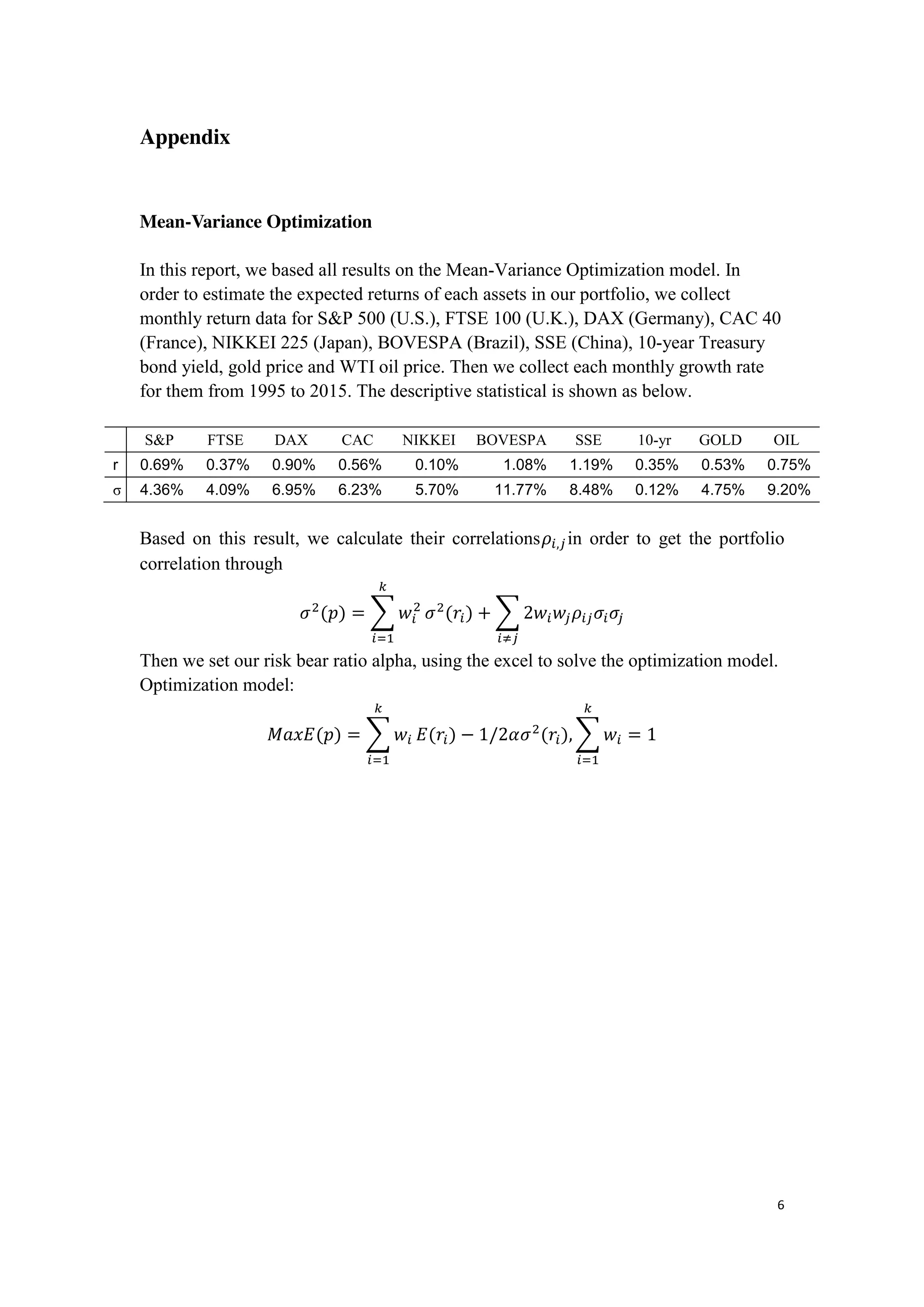 6
Appendix
Mean-Variance Optimization
In this report, we based all results on the Mean-Variance Optimization model. In
order to estimate the expected returns of each assets in our portfolio, we collect
monthly return data for S&P 500 (U.S.), FTSE 100 (U.K.), DAX (Germany), CAC 40
(France), NIKKEI 225 (Japan), BOVESPA (Brazil), SSE (China), 10-year Treasury
bond yield, gold price and WTI oil price. Then we collect each monthly growth rate
for them from 1995 to 2015. The descriptive statistical is shown as below.
S&P FTSE DAX CAC NIKKEI BOVESPA SSE 10-yr GOLD OIL
r 0.69% 0.37% 0.90% 0.56% 0.10% 1.08% 1.19% 0.35% 0.53% 0.75%
σ 4.36% 4.09% 6.95% 6.23% 5.70% 11.77% 8.48% 0.12% 4.75% 9.20%
Based on this result, we calculate their correlations𝜌𝑖,𝑗 in order to get the portfolio
correlation through
𝜎2
(𝑝) = ∑ 𝑤𝑖
2
𝑘
𝑖=1
𝜎2
(𝑟𝑖) + ∑ 2𝑤𝑖 𝑤𝑗 𝜌𝑖𝑗 𝜎𝑖 𝜎𝑗
𝑖≠𝑗
Then we set our risk bear ratio alpha, using the excel to solve the optimization model.
Optimization model:
𝑀𝑎𝑥𝐸(𝑝) = ∑ 𝑤𝑖
𝑘
𝑖=1
𝐸(𝑟𝑖) − 1/2𝛼𝜎2
(𝑟𝑖), ∑ 𝑤𝑖
𝑘
𝑖=1
= 1
 