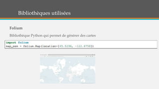 Bibliothèques utilisées
Folium
Bibliothèque Python qui permet de générer des cartes
 