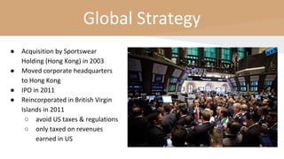 Global Strategy
● Acquisition by Sportswear
Holding (Hong Kong) in 2003
● Moved corporate headquarters
to Hong Kong
● IPO in 2011
● Reincorporated in British Virgin
Islands in 2011
○ avoid US taxes & regulations
○ only taxed on revenues
earned in US
 