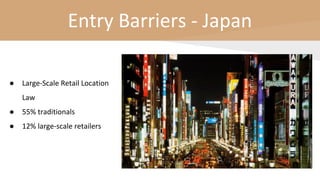 Entry Barriers - Japan
● Large-Scale Retail Location
Law
● 55% traditionals
● 12% large-scale retailers
 