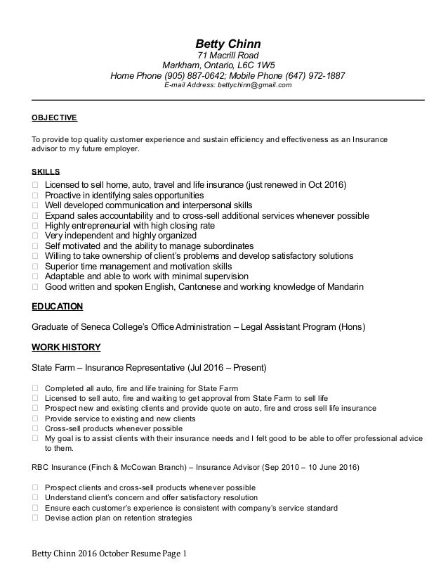 insurance representative resume oct 2016 insurance representative resume