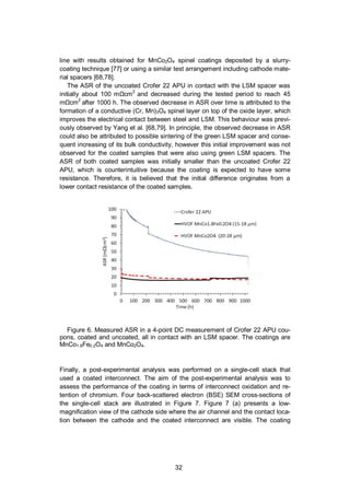 32
line with results obtained for MnCo2O4 spinel coatings deposited by a slurry-
coating technique [77] or using a similar test arrangement including cathode mate-
rial spacers [68,78].
The ASR of the uncoated Crofer 22 APU in contact with the LSM spacer was
initially about 100 m cm2
and decreased during the tested period to reach 45
cm2
after 1000 h. The observed decrease in ASR over time is attributed to the
formation of a conductive (Cr, Mn)3O4 spinel layer on top of the oxide layer, which
improves the electrical contact between steel and LSM. This behaviour was previ-
ously observed by Yang et al. [68,79]. In principle, the observed decrease in ASR
could also be attributed to possible sintering of the green LSM spacer and conse-
quent increasing of its bulk conductivity, however this initial improvement was not
observed for the coated samples that were also using green LSM spacers. The
ASR of both coated samples was initially smaller than the uncoated Crofer 22
APU, which is counterintuitive because the coating is expected to have some
resistance. Therefore, it is believed that the initial difference originates from a
lower contact resistance of the coated samples.
Figure 6. Measured ASR in a 4-point DC measurement of Crofer 22 APU cou-
pons, coated and uncoated, all in contact with an LSM spacer. The coatings are
MnCo1.8Fe0.2O4 and MnCo2O4.
Finally, a post-experimental analysis was performed on a single-cell stack that
used a coated interconnect. The aim of the post-experimental analysis was to
assess the performance of the coating in terms of interconnect oxidation and re-
tention of chromium. Four back-scattered electron (BSE) SEM cross-sections of
the single-cell stack are illustrated in Figure 7. Figure 7 (a) presents a low-
magnification view of the cathode side where the air channel and the contact loca-
tion between the cathode and the coated interconnect are visible. The coating
 