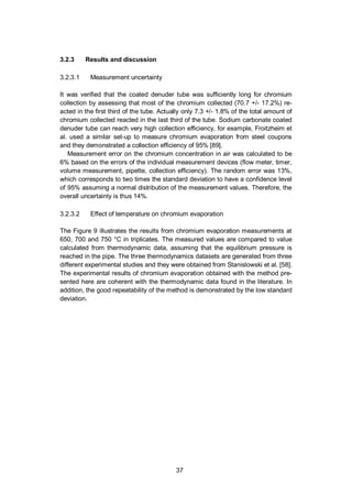 37
3.2.3 Results and discussion
3.2.3.1 Measurement uncertainty
It was verified that the coated denuder tube was sufficiently long for chromium
collection by assessing that most of the chromium collected (70.7 +/- 17.2%) re-
acted in the first third of the tube. Actually only 7.3 +/- 1.8% of the total amount of
chromium collected reacted in the last third of the tube. Sodium carbonate coated
denuder tube can reach very high collection efficiency, for example, Froitzheim et
al. used a similar set-up to measure chromium evaporation from steel coupons
and they demonstrated a collection efficiency of 95% [89].
Measurement error on the chromium concentration in air was calculated to be
6% based on the errors of the individual measurement devices (flow meter, timer,
volume measurement, pipette, collection efficiency). The random error was 13%,
which corresponds to two times the standard deviation to have a confidence level
of 95% assuming a normal distribution of the measurement values. Therefore, the
overall uncertainty is thus 14%.
3.2.3.2 Effect of temperature on chromium evaporation
The Figure 9 illustrates the results from chromium evaporation measurements at
650, 700 and 750 °C in triplicates. The measured values are compared to value
calculated from thermodynamic data, assuming that the equilibrium pressure is
reached in the pipe. The three thermodynamics datasets are generated from three
different experimental studies and they were obtained from Stanislowski et al. [58].
The experimental results of chromium evaporation obtained with the method pre-
sented here are coherent with the thermodynamic data found in the literature. In
addition, the good repeatability of the method is demonstrated by the low standard
deviation.
 