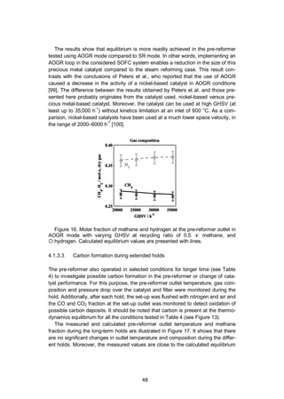 48
The results show that equilibrium is more readily achieved in the pre-reformer
tested using AOGR mode compared to SR mode. In other words, implementing an
AOGR loop in the considered SOFC system enables a reduction in the size of this
precious metal catalyst compared to the steam reforming case. This result con-
trasts with the conclusions of Peters et al., who reported that the use of AOGR
caused a decrease in the activity of a nickel-based catalyst in AOGR conditions
[99]. The difference between the results obtained by Peters et al. and those pre-
sented here probably originates from the catalyst used, nickel-based versus pre-
cious metal-based catalyst. Moreover, the catalyst can be used at high GHSV (at
least up to 35,000 h-1
) without kinetics limitation at an inlet of 600 °C. As a com-
parison, nickel-based catalysts have been used at a much lower space velocity, in
the range of 2000–6000 h-1
[100].
Figure 16. Molar fraction of methane and hydrogen at the pre-reformer outlet in
AOGR mode with varying GHSV at recycling ratio of 0.5. x: methane, and
:hydrogen. Calculated equilibrium values are presented with lines.
4.1.3.3 Carbon formation during extended holds
The pre-reformer also operated in selected conditions for longer time (see Table
4) to investigate possible carbon formation in the pre-reformer or change of cata-
lyst performance. For this purpose, the pre-reformer outlet temperature, gas com-
position and pressure drop over the catalyst and filter were monitored during the
hold. Additionally, after each hold, the set-up was flushed with nitrogen and air and
the CO and CO2 fraction at the set-up outlet was monitored to detect oxidation of
possible carbon deposits. It should be noted that carbon is present at the thermo-
dynamics equilibrium for all the conditions tested in Table 4 (see Figure 13).
The measured and calculated pre-reformer outlet temperature and methane
fraction during the long-term holds are illustrated in Figure 17. It shows that there
are no significant changes in outlet temperature and composition during the differ-
ent holds. Moreover, the measured values are close to the calculated equilibrium
 