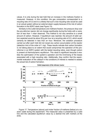 49
values. It is only during the last hold that an increase in the methane fraction is
measured. However, in this condition, the gas composition corresponded to a
recycling ratio of 0.2 and it is unlikely that such a low recycling ratio would be used
in an actual system without an external steam supply because of the risk of carbon
formation in the SOFC stack (see Figure 13).
Similarly to the outlet temperature and methane fraction, the pressure drop over
the pre-reformer reactor did not change significantly during the holds with a varia-
tion of less than 1 mbar observed. This method is not very sensitive to a small
amount of carbon. However, if equilibrium was reached, the amount of solid car-
bon expected would be about 50 g per hour at a recycling ratio of 0.5, which would
certainly be detected in less than an hour. Moreover, the oxidation procedure
carried out after each hold did not reveal any carbon accumulation at the reactor
(detection limit of the order of 1 mg). These results indicate that carbon formation
is not taking place to an extent that would compromise the operation of this pre-
reformer in an SOFC system with the tested recycling ratios, even though carbon
is present at thermodynamic equilibrium. This result is significant because it ena-
bles the optimisation of the system’s operation and the minimising of the losses
associated with a high recycling ratio. Additionally, they confirm that the experi-
mental evaluation of the catalyst in the conditions of interest is needed to assess
the actual risk of carbon formation.
Figure 17. Temperature (above) and molar fraction of methane (below) at a re-
actor outlet during the experiment. The measured value is presented by a solid
line and the calculated equilibrium value by a dashed line with markers at the
ends.
 