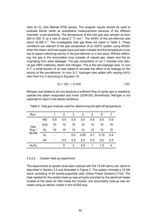 52
netic for O2, Sick Maihak S700 series). The analyser results should be used to
evaluate trends rather as quantitative measurements because of the different
channels’ cross-sensitivity. The temperature of the inlet gas was ramped up from
200 to 550 °C at a rate of about 2 °C min-1
. The GHSV of the pre-reformer was
about 32,000 h-1
. The investigated inlet gas flows are listed in Table 5. These
conditions are relevant to the gas composition of an SOFC system using AOGR,
when the steam and fuel supply have just been initiated and the temperature is too
low to expect reforming activity in the pre-reformer or in the stack. Without reform-
ing, the gas in the recirculation loop consists of natural gas, steam and the air
originating from stack leakages. The gas composition in run 1 includes only natu-
ral gas (98% methane), steam and nitrogen. This is the zero-leakage case. In runs
2–7, a small fraction of air was added to simulate the effect of air leakage on the
activity of the pre-reformer. In runs 3–7, hydrogen was added with varying H2/O2
ratio from 0 to 4 according to Equation 19.
O2 + 2H2 2 H2O (19)
Nitrogen was added to all runs because a sufficient flow of carrier gas is needed to
operate the steam evaporator and mixer (CEM-303, Bronkhorst). Nitrogen is not
expected to react in the tested conditions.
Table 5. Test gas mixtures used for determining the light-off temperature.
Run 1 2 3 4 5 6 7
Gas
flow /
NLPM
NG 0.5 0.5 0.5 0.5 0.5 0.5 0.5
H2O 10 10 10 10 10 10 10
N2 10 10 10 10 10 10 10
H2 - - 0.2 0.05 0.1 0.15 0.4
Air - 0.5 0.5 0.5 0.5 0.5 0.5
H2/O2 0 2 0.5 1 1.5 4
4.2.2.2 System heat-up experiment
The experiments at system level were realised with the 10 kW demo unit, which is
described in Section 2.5 and illustrated in Figure 2. The system included a 10 kW
stack consisting of 64 anode-supported cells (Versa Power Systems [115]). The
heat needed for the system heat-up was primarily provided by the electrical heater
located at the stack air inlet inside the module, and secondarily heat-up was as-
sisted using an electric heater in the AOGR loop.
 
