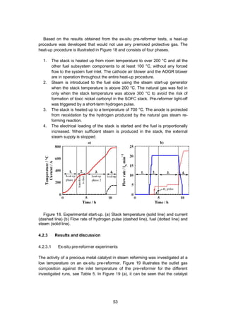53
Based on the results obtained from the ex-situ pre-reformer tests, a heat-up
procedure was developed that would not use any premixed protective gas. The
heat-up procedure is illustrated in Figure 18 and consists of four phases.
1. The stack is heated up from room temperature to over 200 °C and all the
other fuel subsystem components to at least 100 °C, without any forced
flow to the system fuel inlet. The cathode air blower and the AOGR blower
are in operation throughout the entire heat-up procedure.
2. Steam is introduced to the fuel side using the steam start-up generator
when the stack temperature is above 200 °C. The natural gas was fed in
only when the stack temperature was above 300 °C to avoid the risk of
formation of toxic nickel carbonyl in the SOFC stack. Pre-reformer light-off
was triggered by a short-term hydrogen pulse.
3. The stack is heated up to a temperature of 700 °C. The anode is protected
from reoxidation by the hydrogen produced by the natural gas steam re-
forming reaction.
4. The electrical loading of the stack is started and the fuel is proportionally
increased. When sufficient steam is produced in the stack, the external
steam supply is stopped.
Figure 18. Experimental start-up. (a) Stack temperature (solid line) and current
(dashed line) (b) Flow rate of hydrogen pulse (dashed line), fuel (dotted line) and
steam (solid line).
4.2.3 Results and discussion
4.2.3.1 Ex-situ pre-reformer experiments
The activity of a precious metal catalyst in steam reforming was investigated at a
low temperature on an ex-situ pre-reformer. Figure 19 illustrates the outlet gas
composition against the inlet temperature of the pre-reformer for the different
investigated runs, see Table 5. In Figure 19 (a), it can be seen that the catalyst
0 5 10
0
200
400
600
800
Time/ h
Temperature/°C
Current/A
a)
0 5 10
0
5
10
15
20
25
 