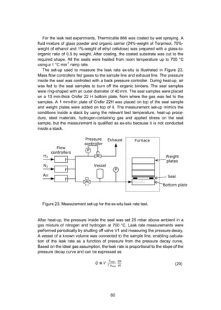60
For the leak test experiments, Thermiculite 866 was coated by wet spraying. A
fluid mixture of glass powder and organic carrier (24%-weight of Terpineol, 75%-
weight of ethanol and 1%-weight of ethyl cellulose) was prepared with a glass-to-
organic ratio of 0.5 by weight. After coating, the coated substrate was cut to the
required shape. All the seals were heated from room temperature up to 700 °C
using a 1 °C min-1
ramp rate.
The set-up used to measure the leak rate ex-situ is illustrated in Figure 23.
Mass flow controllers fed gases to the sample line and exhaust line. The pressure
inside the seal was controlled with a back pressure controller. During heat-up, air
was fed to the seal samples to burn off the organic binders. The seal samples
were ring-shaped with an outer diameter of 40 mm. The seal samples were placed
on a 10 mm-thick Crofer 22 H bottom plate, from where the gas was fed to the
samples. A 1 mm-thin plate of Crofer 22H was placed on top of the seal sample
and weight plates were added on top of it. The measurement set-up mimics the
conditions inside a stack by using the relevant test temperature, heat-up proce-
dure, steel materials, hydrogen-containing gas and applied stress on the seal
sample, but the measurement is qualified as ex-situ because it is not conducted
inside a stack.
Figure 23. Measurement set-up for the ex-situ leak rate test.
After heat-up, the pressure inside the seal was set 25 mbar above ambient in a
gas mixture of nitrogen and hydrogen at 700 °C. Leak rate measurements were
performed periodically by shutting off valve V1 and measuring the pressure decay.
A vessel of a known volume was connected to the sample line, enabling calcula-
tion of the leak rate as a function of pressure from the pressure decay curve.
Based on the ideal gas assumption, the leak rate is proportional to the slope of the
pressure decay curve and can be expressed as
= (20)
H2
Furnace
Vessel
F
N2
F
Air
F
Pressure
controller
P
Flow
controllers
P
Exhaust
V 1
Seal
Weight
plates
Bottom plate
 