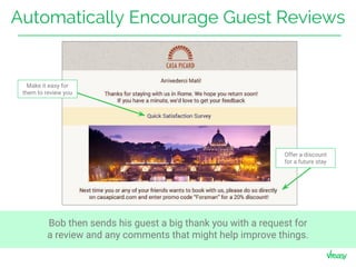 Automatically Encourage Guest Reviews
Offer a discount
for a future stay
Make it easy for
them to review you
Bob then sends his guest a big thank you with a request for
a review and any comments that might help improve things.
 