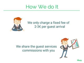 How We do It
We only charge a fixed fee of
2-3€ per guest arrival
We share the guest services
commissions with you
 