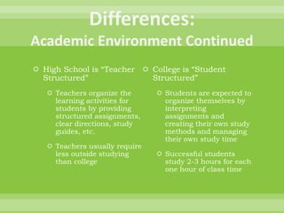  High School is “Teacher
Structured”
 Teachers organize the
learning activities for
students by providing
structured assignments,
clear directions, study
guides, etc.
 Teachers usually require
less outside studying
than college
 College is “Student
Structured”
 Students are expected to
organize themselves by
interpreting
assignments and
creating their own study
methods and managing
their own study time
 Successful students
study 2-3 hours for each
one hour of class time
 