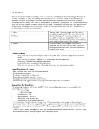 Fall 2016 Edition
Proctors must be responsible in submitting hours for sisters who attend their sessions on the Google Document. In
addition, sisters must be liable in submitting their own unproctored/honorhours weekly on the correct Google
Document. Everyone must complete the correct amount of proctored and unproctored/honorhours each week.
Sisters must log their weekly study hours by Sunday within 30 minutes of chapterending (i.e. if chapter ends at 6pm
hours will be due at 6:30pm) each week for the previous week. Consequences will be put into effect whether or not
the incomplete submissions occur in consecutive weeks. If sisters submit their hours late, don’t submit hours,or
have incomplete hours,the consequences are:
1st offense Warning email from chairwoman and,if applicable,
incomplete study hours will roll over to the next week
2nd offense Standards hearing with standards committee and
incomplete study hours,if applicable, will roll over to
the next week – possible consequences:increased study
hours and possible academic watch program
3rd offense Executive hearing and incomplete study hours,if
applicable, will roll over to the next week – possible
consequences:increased study hours,social probation,
or membership review
Proctored Hours
▪ Study hours held by proctors during the semester in a public place on/around campus accessible by all
sisters
▪ Study sessions forcourses (if led by a TA or professorand with documentation)
▪ Professor or TA office hours (with documentation)
▪ Professional private tutoring (with documentation)
▪ Other activities with approval from scholarship chairwoman and scholarship committee
Honor/Unproctored Hours
▪ Extra proctored study hours overthe required amount
▪ Working on group projects
▪ Working in computer lab on schoolwork
▪ Tutoring a sister/ Getting tutored by a sister
▪ Studying in the library/room/study lounge/GSU/etc.
▪ Other activities with approval from scholarship chairwoman and scholarship committee
Recognition for Excellence
The Scholarship Committee will review the GPA’s of all sisters and identify those to be recognized for the
scholarship achievements.
▪ 4.0 semester GPA
▪ 3.5-3.99 semester GPA
▪ Most Improved GPA
▪ Highest Initiated Class GPA
▪ Highest Big/Little Average GPA
▪ Most Improved New Member Class GPA
▪ A’s Competition – Sisters will send a picture of an “A” assignment (essay,test,project) to the scholarship
chairwoman. Sisters will receive one point for each assignment, and the sister with the most points at the end of
the semester receives a prize. All who submit A’s will be recognized. This award will be given at the end of the
semester.
▪ “Smartie” Pants – Sisters who improved their GPA from previous semester, have a cumulative GPA over 3.6 will
be entered into a drawing for a special prize at the scholarship dinner.
 