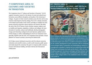 39
 Competence Area IV:
Cultures and Societies
in Transition
The Competence Area IV “Cultures and Societies in Transition” (CA IV)
supports innovative research in the domain of social and cultural trans-
formations across different disciplines and faculties of the University of
Cologne. Its goal is to foster research activities across the UoC and to carry
research results beyond university settings.The CA IV is closely connected
to the Global South Studies Center (GSSC) and helps to establish the GSSC
among university researchers whose expertise and interests fall within
the area of the CA IV.Themes of joint activities comprise subjects such
as mobility and migration, adaptation, resilience and collapse, the trans-
formation of societies, cultures and livelihoods, identity, demographic
change and citizenship, ecological and social dynamics, global environ-
mental change, as well as methodological concerns of comparison more
generally.Together with the GSSC, the Competence Area provides a broad
platform for research activities concerning the Global South.
CA IV helps connect individual researchers with the relevant university
institutions and scientific centers, as well as with museums, public spaces
and media beyond the university.The goal is to improve public outreach,
increase international visibility, and foster internal and international
collaboration.
gssc.uni-koeln.de
KPA IV enhances the international and national visibility of interdisci-
plinary studies on cultural, social and economic transformations in the
Global South. In an era of rapid globalization, it acts as an incubator for
coordinated projects and creates an academic environment conducive
for the academic development of junior researchers. KPA IV contributes
to the emergent field of comparative and interdisciplinary research on
entanglements embodied in material and non-material flows within the
Global South and between the South and the North. It offers an inter-
disciplinary approach, focussing on exchanges and flows between con-
tinents, regions, metropolitan areas, and hinterland.The Global South
Studies Center Cologne (GSSC) is the established Center of excellence
(CoE) of KPA iV.
Key Profile Area IV:
Socio-economic, Cultural, and Political
Transformations in the Global South
 