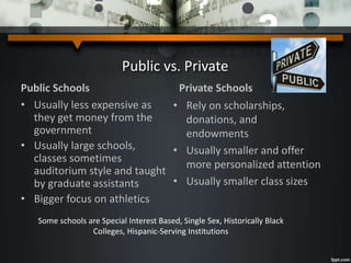 Public vs. Private
Public Schools
• Usually less expensive as
they get money from the
government
• Usually large schools,
classes sometimes
auditorium style and taught
by graduate assistants
• Bigger focus on athletics
Private Schools
• Rely on scholarships,
donations, and
endowments
• Usually smaller and offer
more personalized attention
• Usually smaller class sizes
Some schools are Special Interest Based, Single Sex, Historically Black
Colleges, Hispanic-Serving Institutions
 