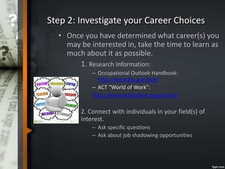 • Once you have determined what career(s) you
may be interested in, take the time to learn as
much about it as possible.
1. Research Information:
– Occupational Outlook Handbook:
http://www.bls.gov/ooh/
– ACT “World of Work”:
http://www.actstudent.org/career/
2. Connect with individuals in your field(s) of
interest.
– Ask specific questions
– Ask about job shadowing opportunities
Step 2: Investigate your Career Choices
 