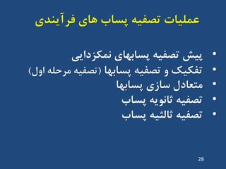‫فشآیٌذی‬ ‫ّای‬ ‫پساب‬ ِ‫تصفی‬ ‫ػولیات‬
•‫ًوکضدایی‬ ‫پساتْای‬ ِ‫تصفی‬ ‫پیص‬
•ِ‫تصفی‬ ٍ ‫تفکیک‬‫پساتْا‬(‫اٍل‬ ِ‫هشحل‬ ِ‫تصفی‬)
•‫پساتْا‬ ‫ساصی‬ ‫هتؼادل‬
•ِ‫تصفی‬‫پساب‬ ِ‫ثاًَی‬
•‫پساب‬ ِ‫ثالثی‬ ِ‫تصفی‬
28
 