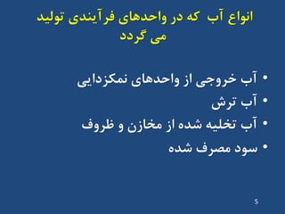 ‫تَلیذ‬ ‫فشآیٌذی‬ ‫ٍاحذّای‬ ‫دس‬ ِ‫ک‬ ‫آب‬ ‫اًَاع‬
‫هی‬‫گشدد‬
•‫ًوکضدایی‬ ‫ٍاحذّای‬ ‫اص‬ ‫خشٍجی‬ ‫آب‬
•‫تشش‬ ‫آب‬
•‫ظشٍف‬ ٍ ‫هخاصى‬ ‫اص‬ ُ‫ضذ‬ ِ‫تخلی‬ ‫آب‬
•ُ‫ضذ‬ ‫هصشف‬ ‫سَد‬
5
 