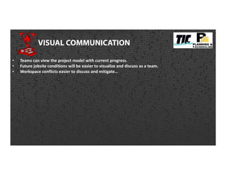 • Teams can view the project model with current progress.
• Future jobsite conditions will be easier to visualize and discuss as a team.
• Workspace conflicts easier to discuss and mitigate…
VISUAL COMMUNICATION
 