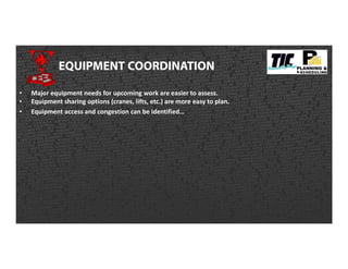 EQUIPMENT COORDINATION
• Major equipment needs for upcoming work are easier to assess.
• Equipment sharing options (cranes, lifts, etc.) are more easy to plan.
• Equipment access and congestion can be identified…
 