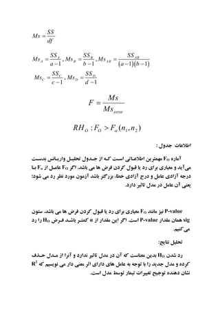 SS
Ms
df
, ,
1 1 1 1
,
1 1
A B AB
A B AB
C D
C D
SS SS SS
Ms Ms Ms
a b a b
SS SS
Ms Ms
c d
error
Ms
F
Ms
1 2: ( , )O ORH F F n n
FO
FOF
P-valueFO
sigP-valueHO
HO
R2
 