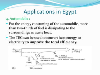 Applications in Egypt
4. Automobile :
 For the energy consuming of the automobile, more
than two-thirds of fuel is dissipating to the
surroundings as waste heat.
 The TEG can be used to convert heat energy to
electricity to improve the total efficiency.
 