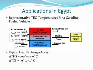 Applications in Egypt
 Representative TEG Temperatures for a Gasoline
Fueled Vehicle
 Typical Heat Exchanger Loses
ΔTHS = 100° to 150° C
ΔTCS = 30° to 50° C
 