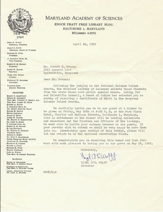 RNB Letter from Maryland Academy of Sciences 1962